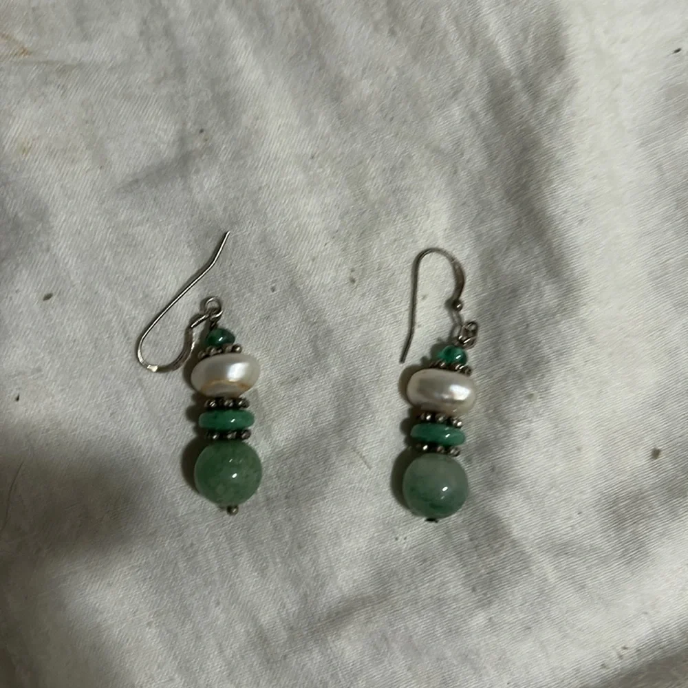 Vtg Jade,Silver, Crystal and Pearl Wire Earrings Sterling Silver. 60’s.